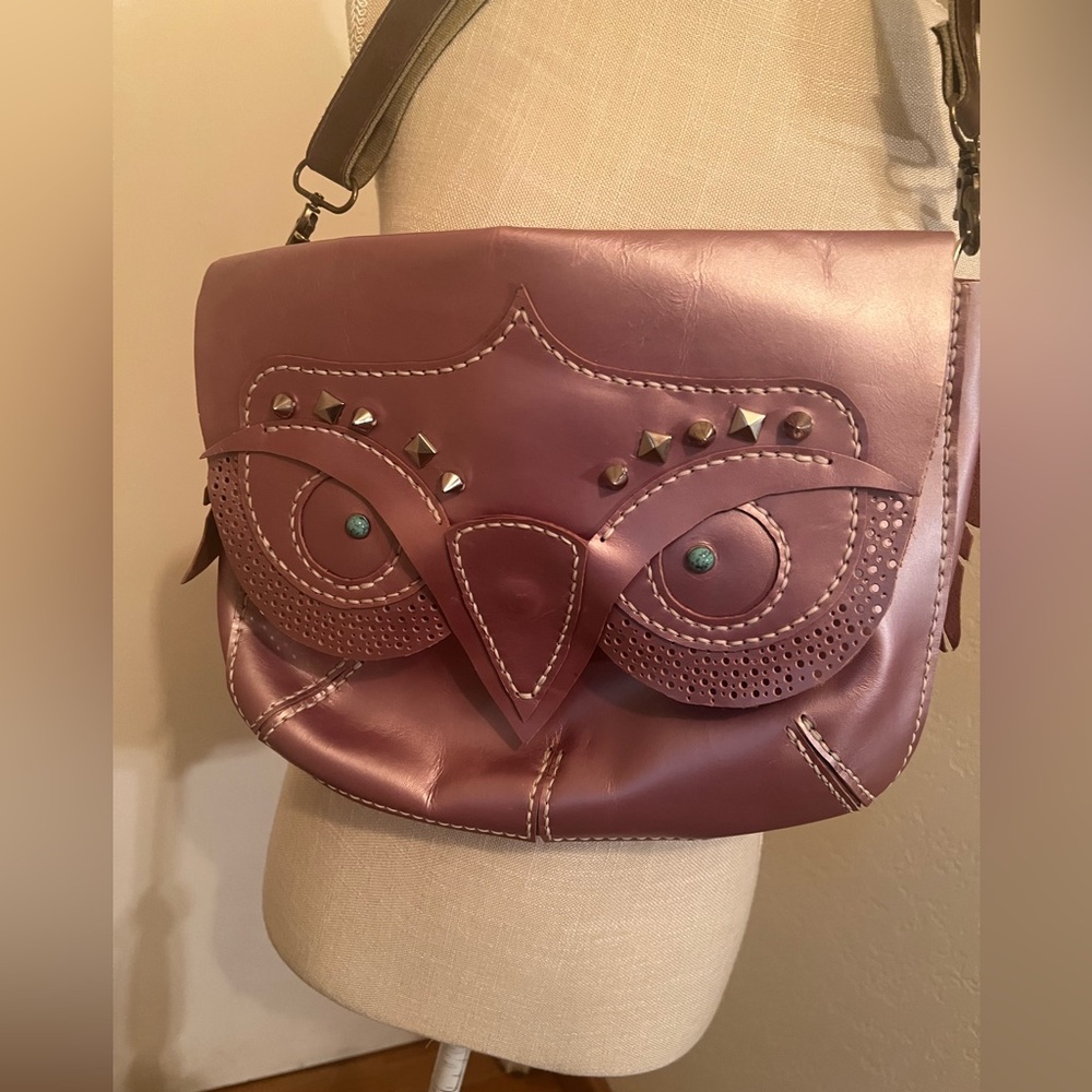 Unique Owl Design leather messenger Bag - Purple/pink